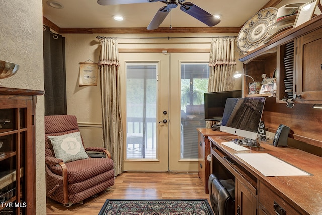 768 Lake Point Dr, Piney Flats, TN 37686 - office area featuring ceiling fan, light wood-style flooring, a textured wall, and french doors