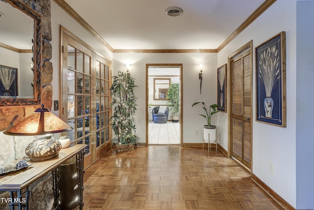 768 Lake Point Dr, Piney Flats, TN 37686 - hall with crown molding, visible vents, french doors, and baseboards