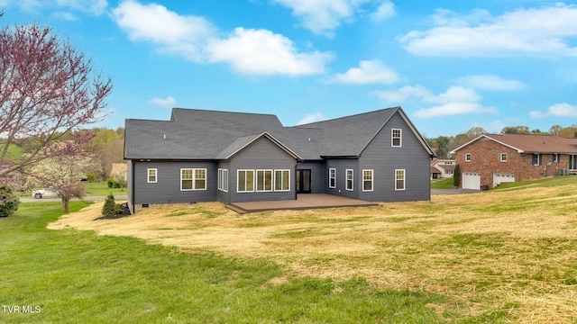 330 Bogey Dr, Abingdon, VA 24211 - rear view of house featuring driveway, a garage, a lawn, crawl space, and a patio