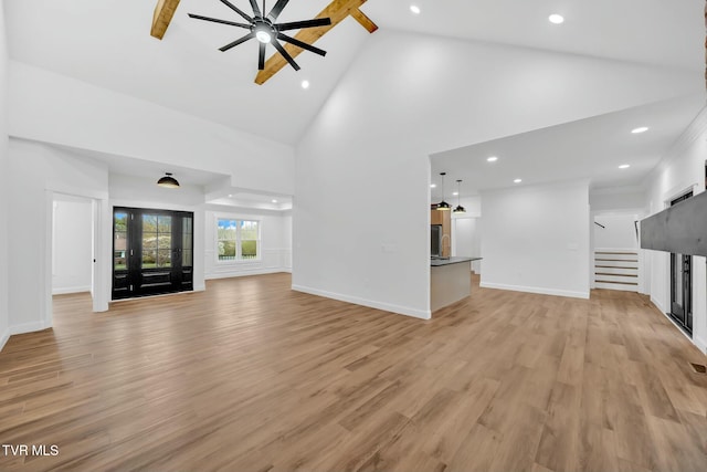 330 Bogey Dr, Abingdon, VA 24211 - unfurnished living room featuring stairs, light wood-style floors, high vaulted ceiling, and recessed lighting