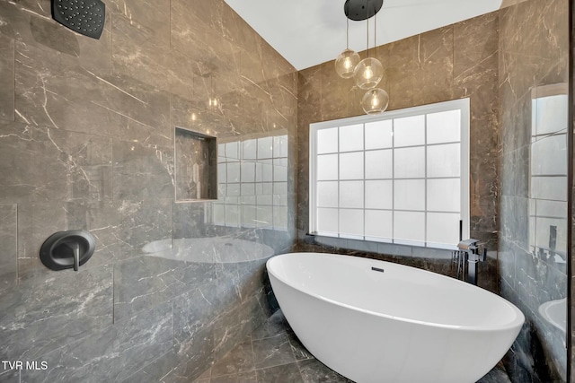330 Bogey Dr, Abingdon, VA 24211 - full bath featuring tile walls, a freestanding tub, marble finish floor, and tiled shower