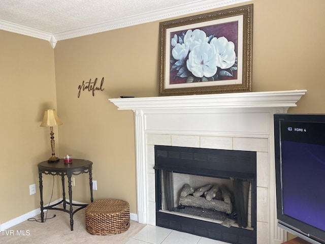 interior details with baseboards, carpet floors, crown molding, and a fireplace