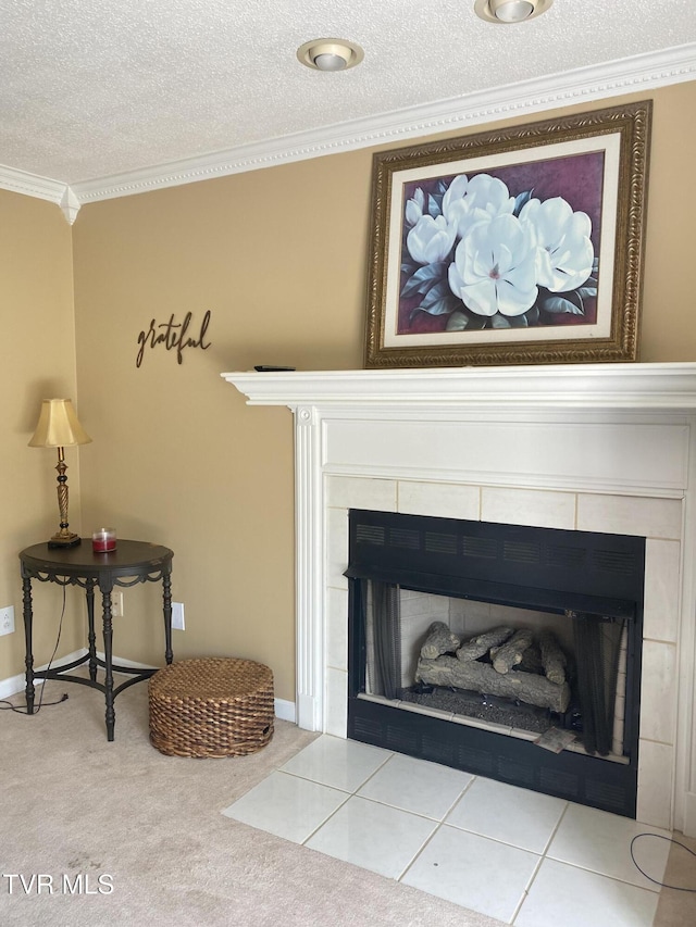 interior details with carpet, ornamental molding, baseboards, a fireplace, and a textured ceiling