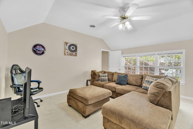 living area with a ceiling fan, baseboards, light colored carpet, lofted ceiling, and visible vents