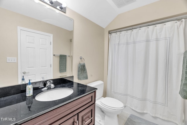 bathroom featuring tile patterned floors, a shower with curtain, toilet, visible vents, and vanity