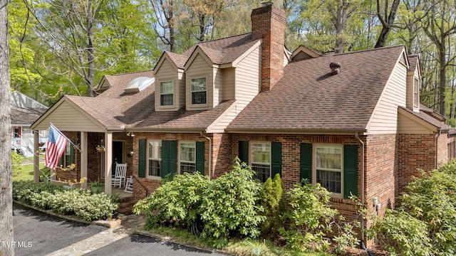 cape cod house with brick siding, roof with shingles, a chimney, and covered porch