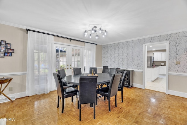 dining area featuring wallpapered walls, visible vents, french doors, crown molding, and baseboards