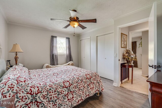 bedroom featuring wood finished floors, a ceiling fan, crown molding, two closets, and a textured ceiling