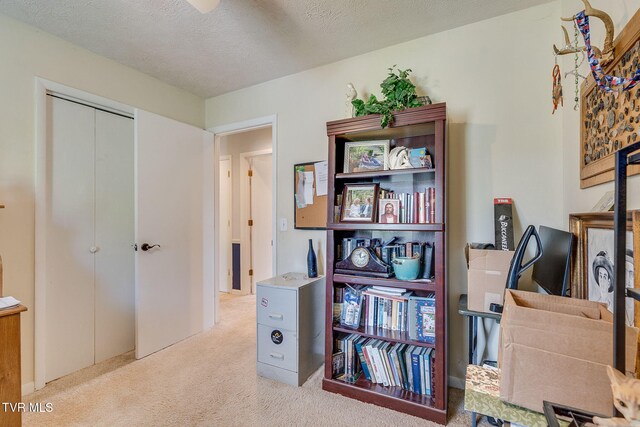 office area with carpet flooring and a textured ceiling