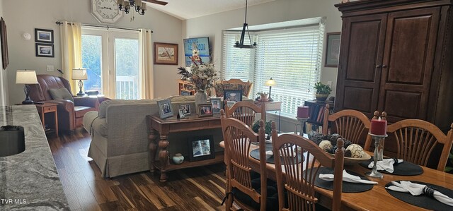 304 Tunnel Dr, Dryden, VA 24243 - dining space featuring a ceiling fan, lofted ceiling, and dark wood-type flooring