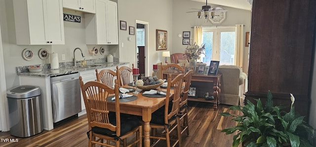 304 Tunnel Dr, Dryden, VA 24243 - dining space with a ceiling fan, dark wood-style flooring, and lofted ceiling