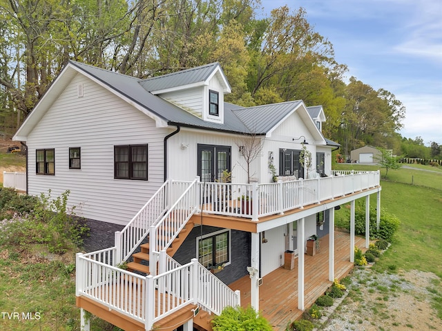 2040 Happy Valley Rd, Limestone, TN 37681 - rear view of property featuring metal roof, french doors, a deck, a yard, and stairs