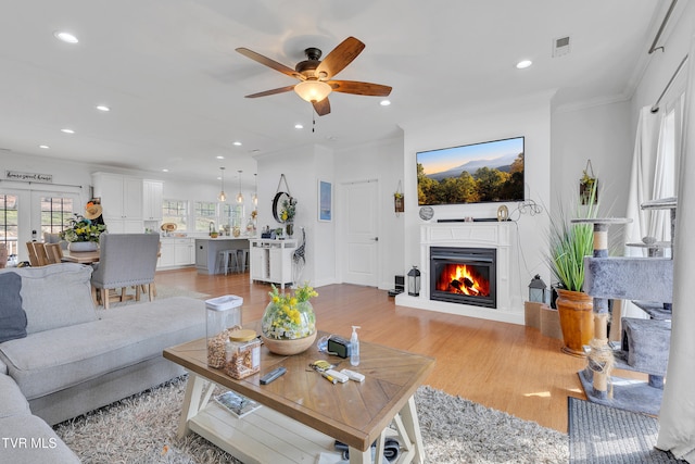 2040 Happy Valley Rd, Limestone, TN 37681 - living area with ceiling fan, a glass covered fireplace, recessed lighting, light wood-type flooring, and visible vents