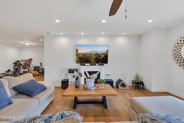 2040 Happy Valley Rd, Limestone, TN 37681 - living room with wood finished floors, baseboards, a warm lit fireplace, recessed lighting, and a ceiling fan