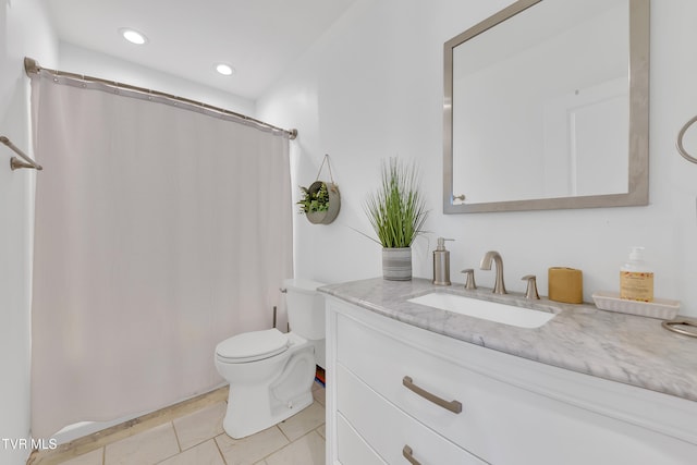 2040 Happy Valley Rd, Limestone, TN 37681 - bathroom featuring tile patterned flooring, vanity, toilet, recessed lighting, and a shower with shower curtain