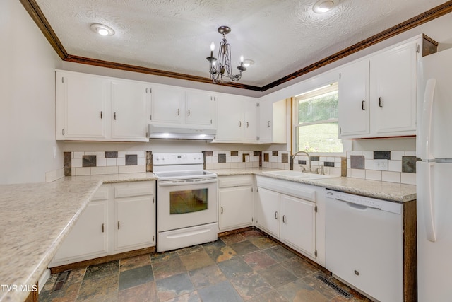 112 Fairwood St, Kingsport, TN 37660 - kitchen featuring under cabinet range hood, a sink, white appliances, crown molding, and a textured ceiling