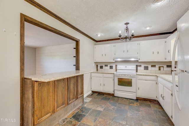 112 Fairwood St, Kingsport, TN 37660 - kitchen with under cabinet range hood, an inviting chandelier, white appliances, stone tile flooring, and crown molding