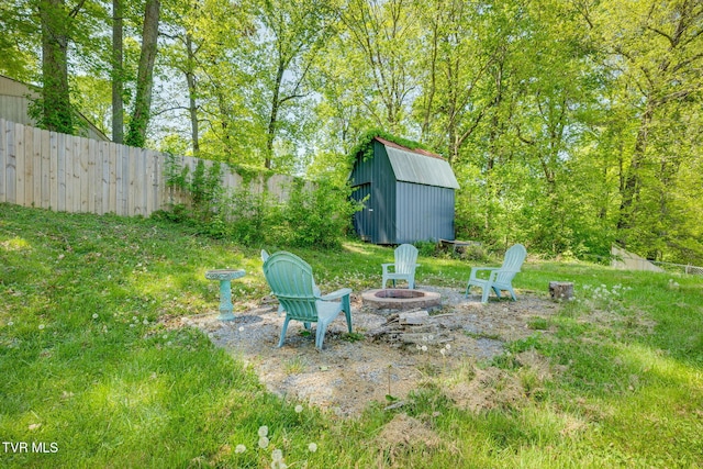 112 Fairwood St, Kingsport, TN 37660 - view of yard featuring a fire pit, an outdoor structure, fence, and a storage unit