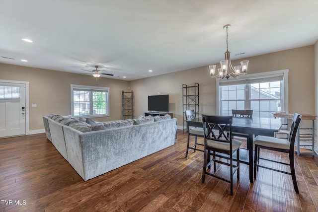 1447 Lemongrass Dr, Jonesborough, TN 37659 - living area with recessed lighting, ceiling fan with notable chandelier, and dark wood-type flooring