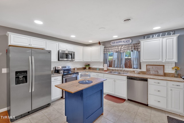 kitchen with a sink, backsplash, stainless steel appliances, and white cabinetry