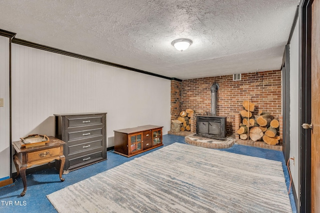 226 Delaney St, Bristol, TN 37620 - bedroom with carpet, a wood stove, visible vents, a textured ceiling, and brick wall