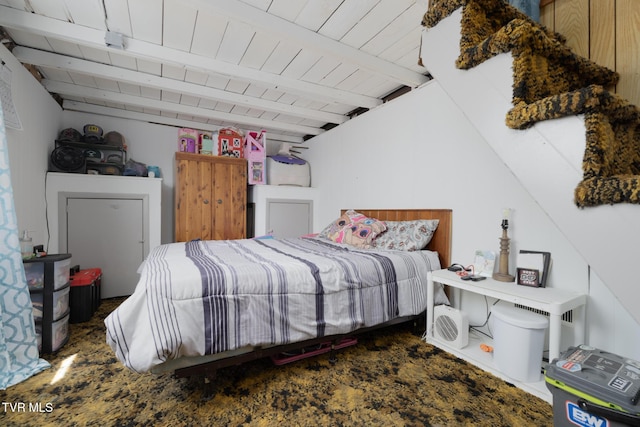 bedroom featuring beamed ceiling and wooden ceiling