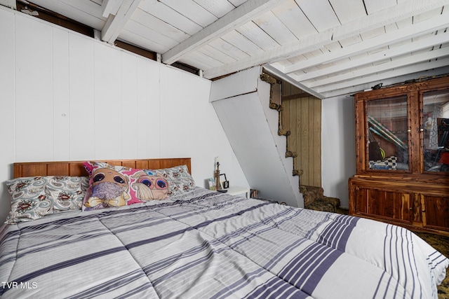 bedroom featuring wood ceiling and beam ceiling