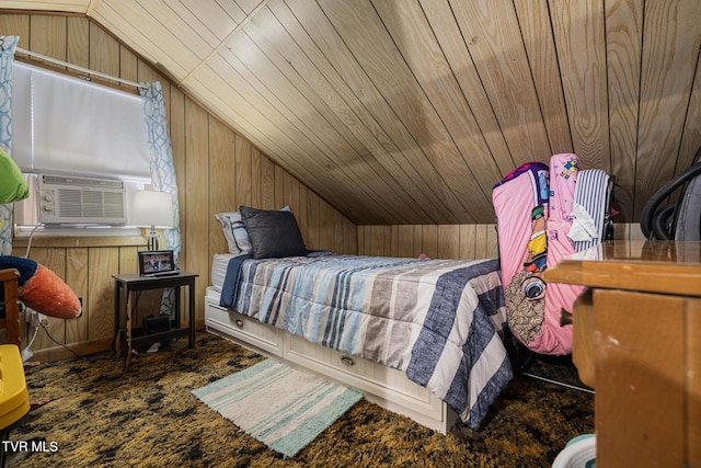 carpeted bedroom featuring wooden walls, wooden ceiling, cooling unit, and vaulted ceiling