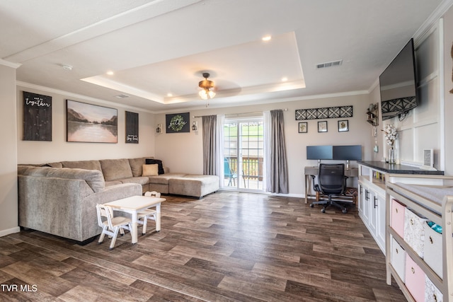 616 Towers Dr, Dandridge, TN 37725 - living room with dark wood finished floors, a raised ceiling, visible vents, and ceiling fan