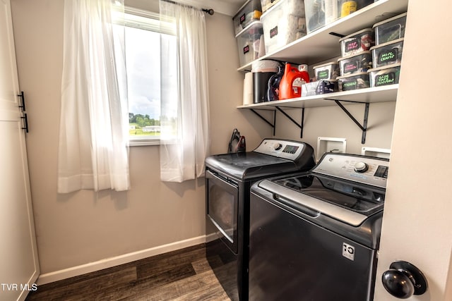 616 Towers Dr, Dandridge, TN 37725 - clothes washing area featuring a healthy amount of sunlight, dark wood-style flooring, baseboards, separate washer and dryer, and laundry area