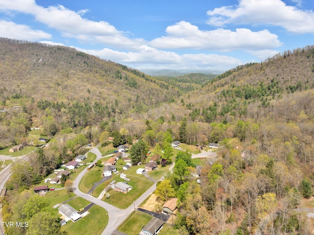 birds eye view of property featuring a mountain view and a view of trees
