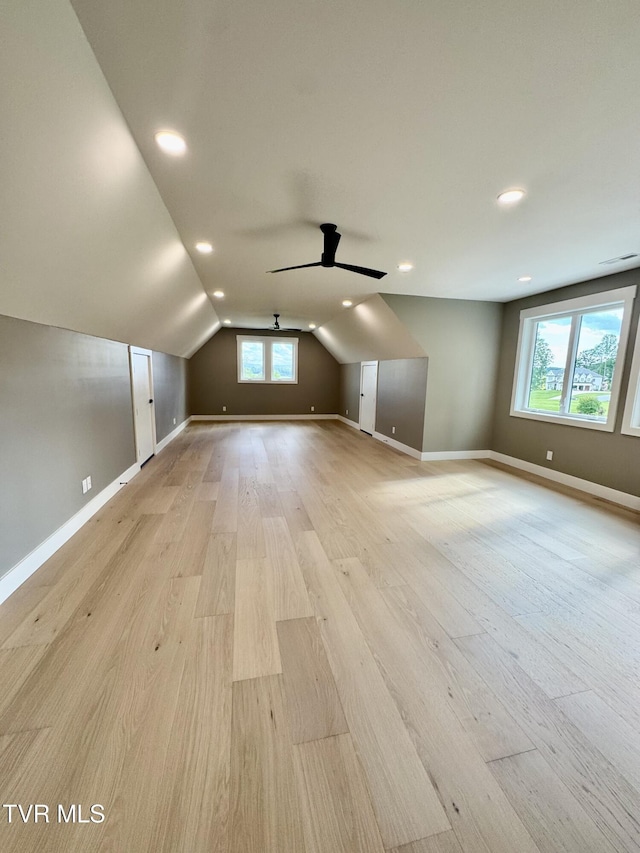 1093 Hawk Nest Ct, Jonesborough, TN 37659 - bonus room featuring light wood finished floors, baseboards, a ceiling fan, vaulted ceiling, and recessed lighting