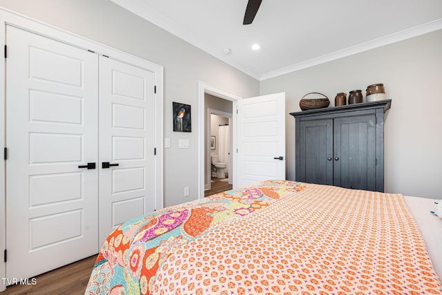 125 Lynn Rd, Johnson City, TN 37604 - bedroom with recessed lighting, wood finished floors, a closet, ceiling fan, and crown molding