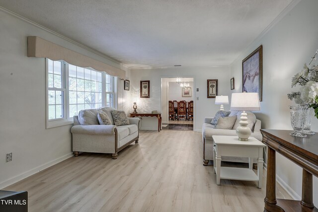 103 Dogwood Ln, Johnson City, TN 37604 - living room featuring ornamental molding, baseboards, a notable chandelier, and light wood-type flooring
