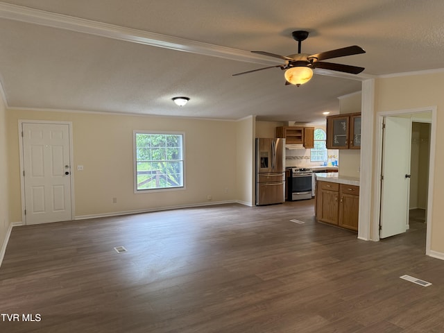 136 Gentry Mountain Rd, Erwin, TN 37650 - unfurnished living room featuring visible vents, ornamental molding, baseboards, a ceiling fan, and dark wood finished floors