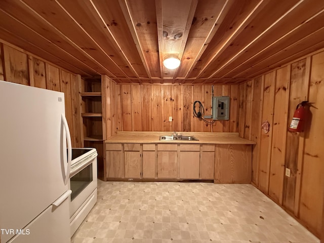 136 Gentry Mountain Rd, Erwin, TN 37650 - kitchen featuring wood walls, white appliances, light floors, electric panel, and a sink