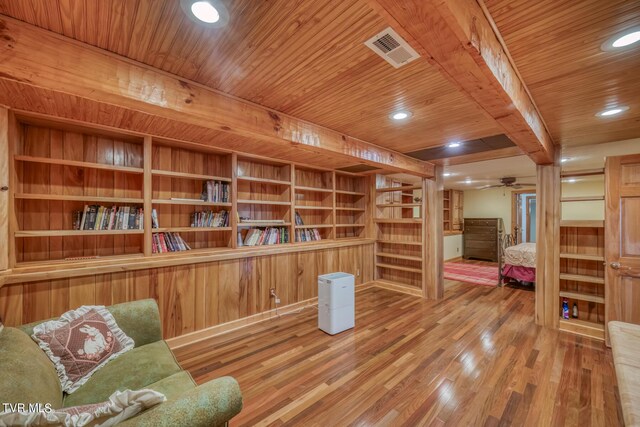 1010 Heaton Creek Rd, Roan Mountain, TN 37687 - living area featuring wood finished floors, visible vents, a ceiling fan, wooden ceiling, and beam ceiling