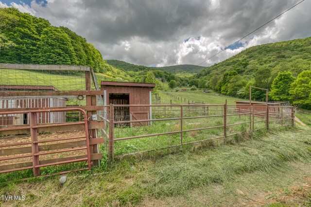 1010 Heaton Creek Rd, Roan Mountain, TN 37687 - view of gate with an exterior structure, a rural view, a mountain view, and an outdoor structure