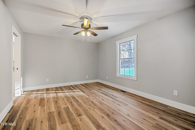 unfurnished room featuring visible vents, ceiling fan, baseboards, and light wood-style floors