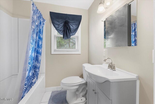 800 Pearl St, Bristol, VA 24201 - full bathroom with shower / bathtub combination with curtain, vanity, tile patterned floors, toilet, and baseboards