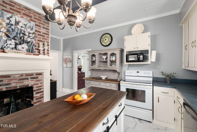 kitchen featuring electric stove, marble finish floor, wooden counters, dishwasher, and black microwave