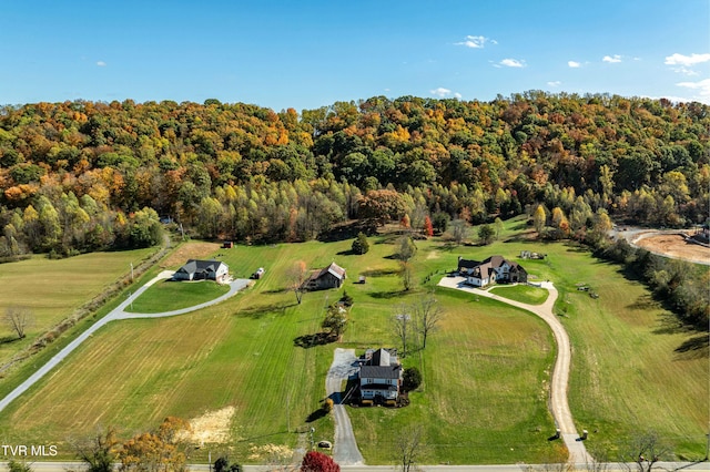 bird's eye view featuring a rural view and a wooded view