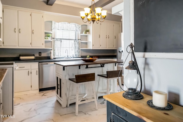 kitchen with a sink, open shelves, marble finish floor, hanging light fixtures, and dishwasher