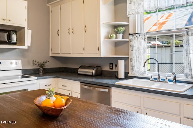 kitchen featuring open shelves, dark countertops, dishwasher, white range with electric stovetop, and a sink