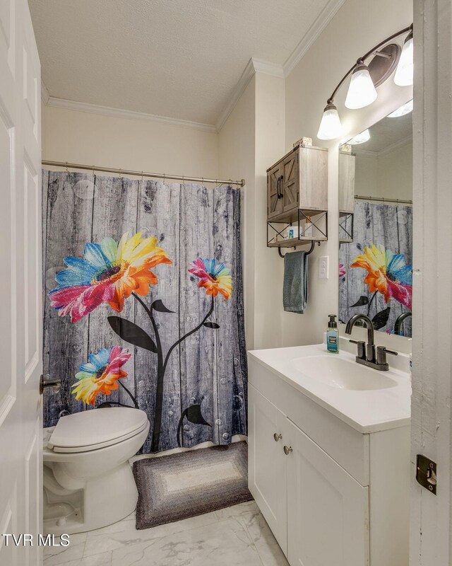 718 Wilson Ave, Johnson City, TN 37604 - bathroom with vanity, toilet, crown molding, and marble finish floor