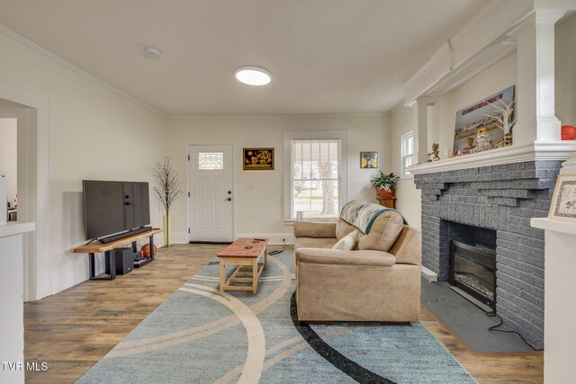 718 Wilson Ave, Johnson City, TN 37604 - living area featuring a brick fireplace, ornamental molding, wood finished floors, and baseboards