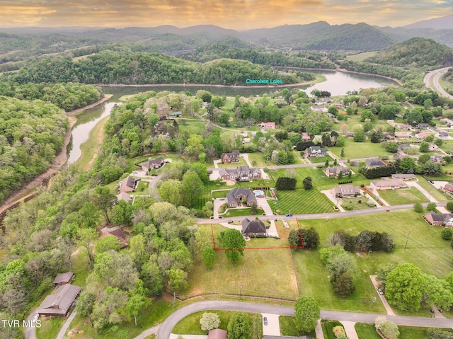 bird's eye view with a water and mountain view