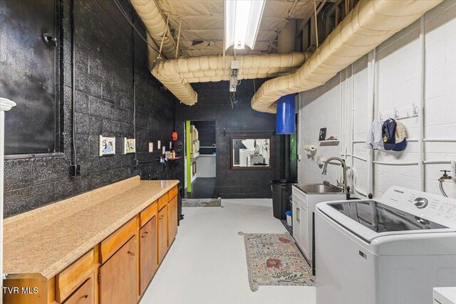 1902 Lamont St, Kingsport, TN 37664 - clothes washing area featuring concrete block wall, a sink, cabinet space, and washer / clothes dryer