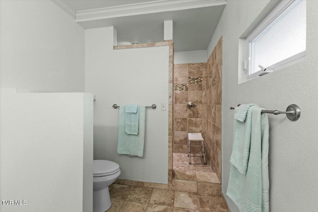 1902 Lamont St, Kingsport, TN 37664 - bathroom with stone tile floors, crown molding, toilet, baseboards, and walk in shower