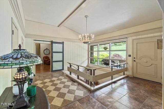 1902 Lamont St, Kingsport, TN 37664 - dining area featuring a barn door, lofted ceiling with beams, and a notable chandelier
